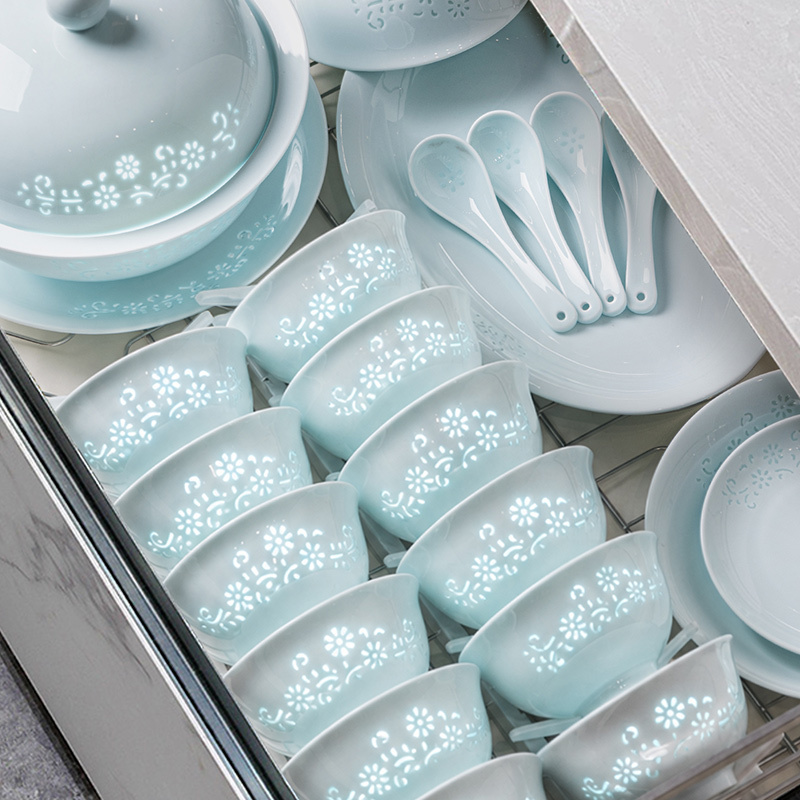 Jingdezhen Celadon High-White Porcelain Bowl and Plate Set, Household Light Luxury Ceramic High-Value Tableware Set, Housewarming Gift Jingdezhen Celadon High-White Porcelain Bowl and Plate Set, Household Light Luxury Ceramic High-Value Tableware Set, Housewarming Gift