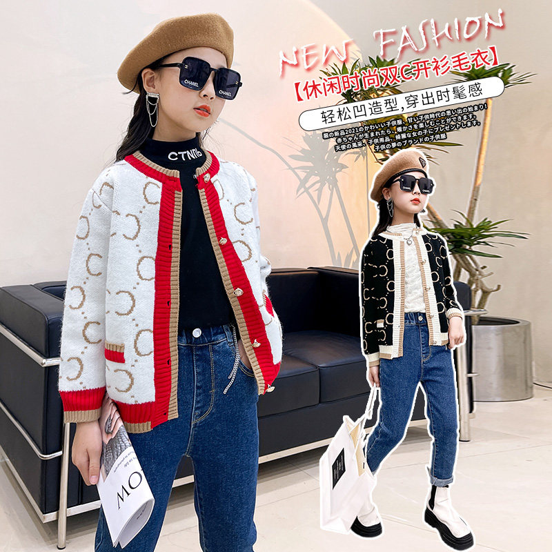 Girl's cardiovert sweater 2022 New spring and autumn style The Korean version of the Korean version of the autumn clothes round the large children's weasel-knit jacket