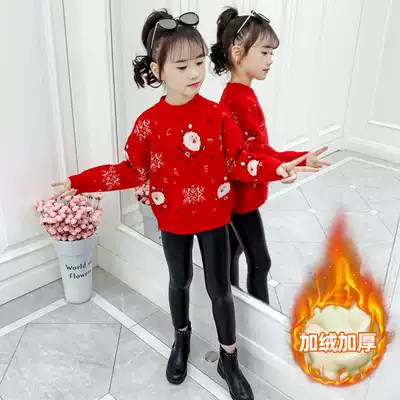 Girls' Red Christmas Sweater 2021 Autumn and Winter Mink Tong Tong Tong round neck plus velvet padded base shirt