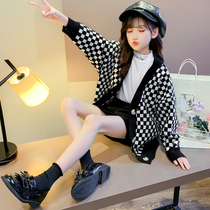 Girls  cardigan sweater 2021 new western style Korean version of the outer autumn wear middle and large childrens childrens spring and autumn knitted jacket