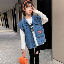 Girls vest spring and autumn wear autumn western style Korean version of childrens new little girl vest denim tide horse clip