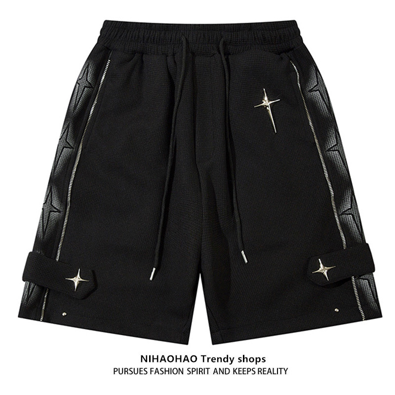 Nihaohao Original Trendy Brand Cool Street Hip-Hop Shorts with Zipper Design Summer Casual Loose Five-Point Shorts