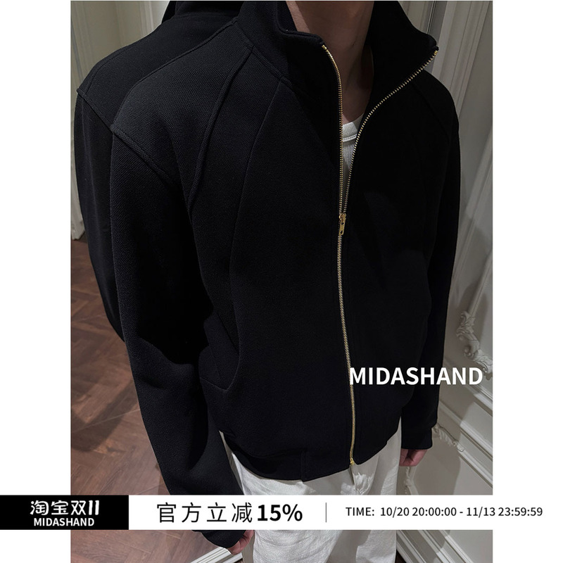 Midashand 26Aw American-Style Black Gold Zipper Sweatshirt Cleanfit Stand-Up Collar Cardigan High-End Solid Color Jacket