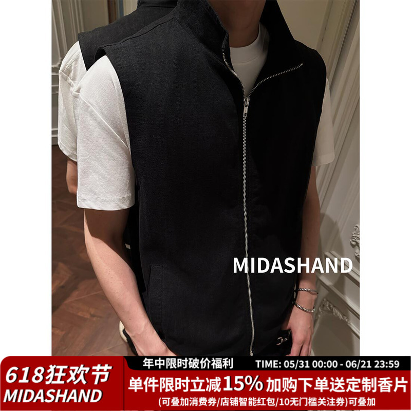 Midashand 26Ss Linen Tencel Lyocell Vest Outerwear Old Money Style Men's Stand Collar Zip-Up Waistcoat Jacket