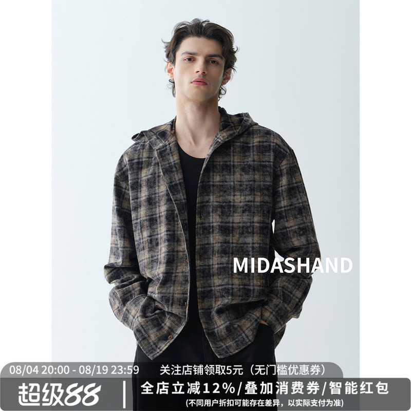 Midashand 26Aw Vintage Plaid Tie-Dye Hooded Shirt Autumn New Pure Cotton Long-Sleeved Sun Protection Jacket