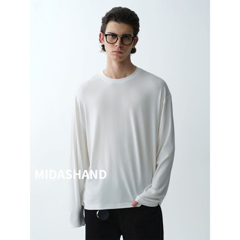 Midashand26Ss Acetate Tencel Blend Round Neck Base Shirt Shrimp Line Cover-Up Solid Color Long-Sleeve T-Shirt Summer