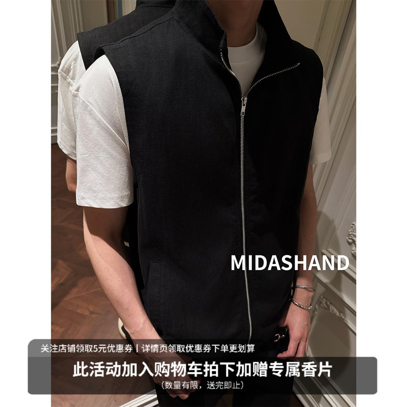 Midashand 26Ss Linen Tencel Lyocell Vest Outerwear Old Money Style Men's Stand Collar Zip-Up Waistcoat Jacket