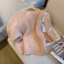 Sweet and gentle wind short puff sleeve knitted T-shirt womens 2022 early autumn new solid color all-match thin top