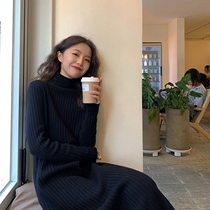 Knitted dress children spring and autumn 2021 New thick inner high neck sweater Medium-length dress over the knee
