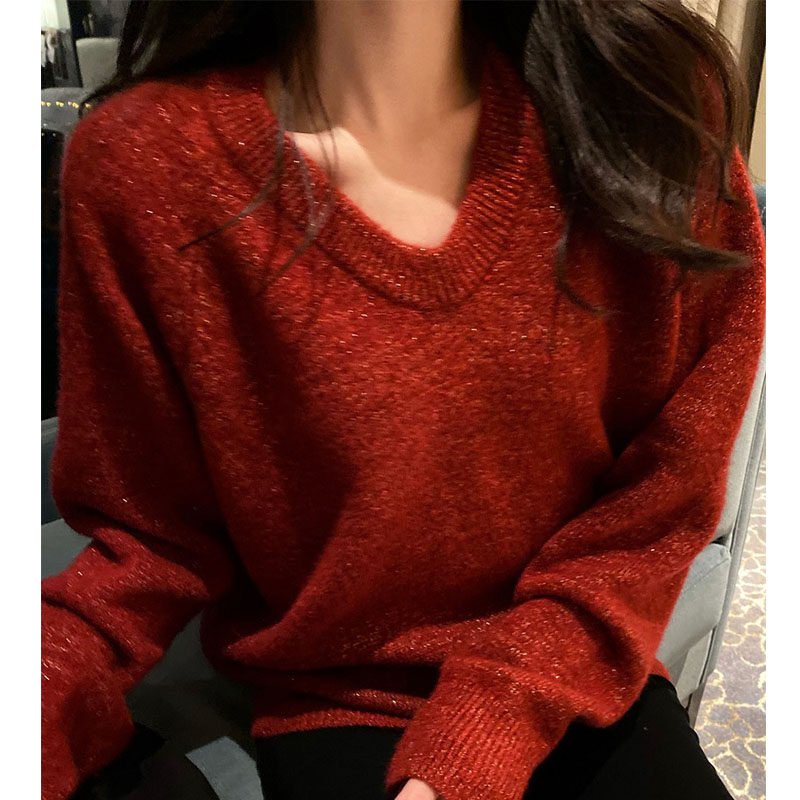 V-neck sweater women loose wear autumn and winter New Korean lazy style knitted base shirt blouse winter thickened