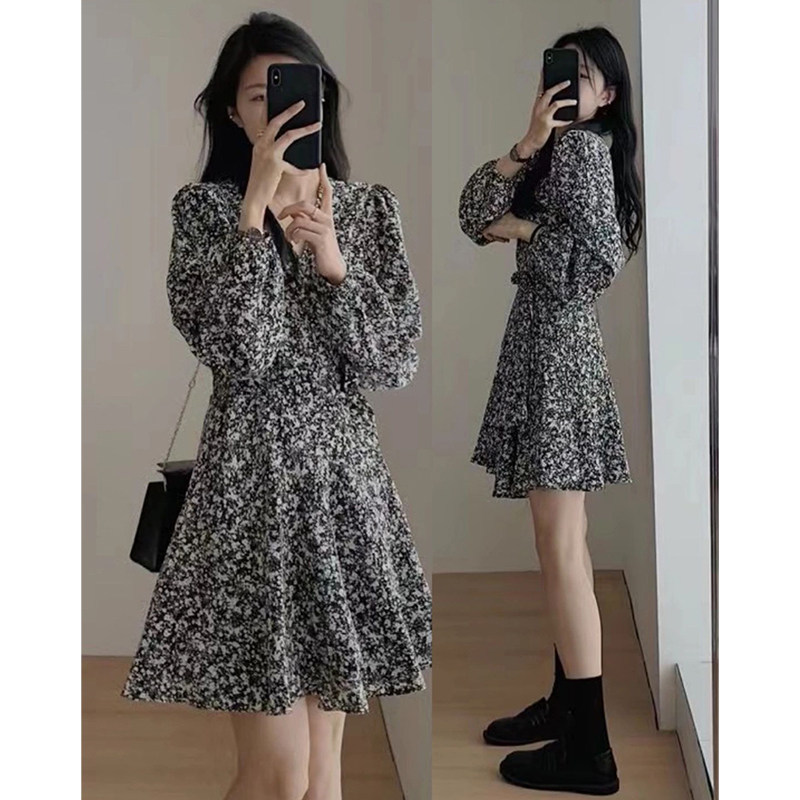 Rouje Dsyle2026 New High-End Versatile V-Neck Black Floral Long-Sleeved Dress for Small People in Spring and Summer