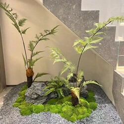 Artificial Golden Fern Potted Plant with Zen-Inspired Landscaping, Floor-Standing Monkey Head Fern Bonsai, Indoor Decoration, Faux Tree, Artificial Green Plant