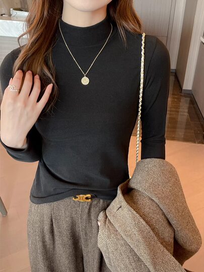 Autumn and Winter Microfiber Thermal Half-Turtleneck Base Shirt for Women, New Style Long-Sleeve Mid-Neck T-Shirt That Can Be Worn Outside, Regular Shoulder Fit
