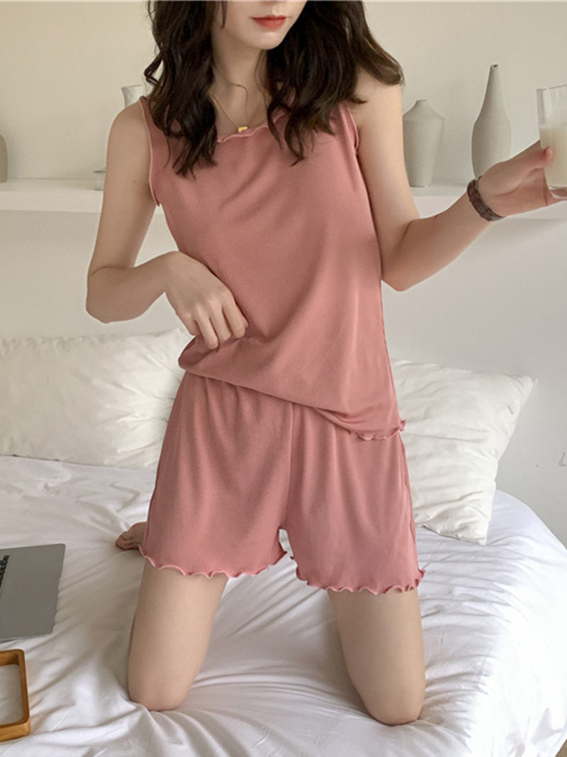 Wooden ear edge vest shorts set 2020 new home set Summer threaded cotton thin breathable suspender two-piece set