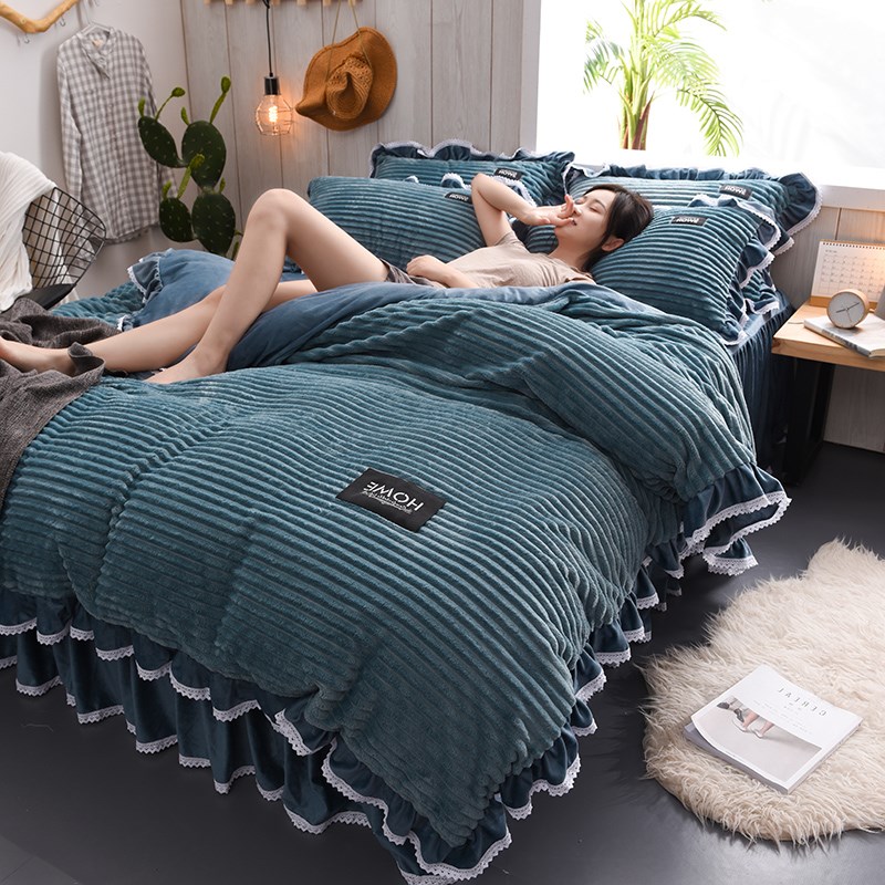 Thickened Warm Flannel Suede Four Pieces Of Pure Color Coral Suede Winter 1 8m Bed Upper Supplies Fallé Quilt Cover Bed Linen