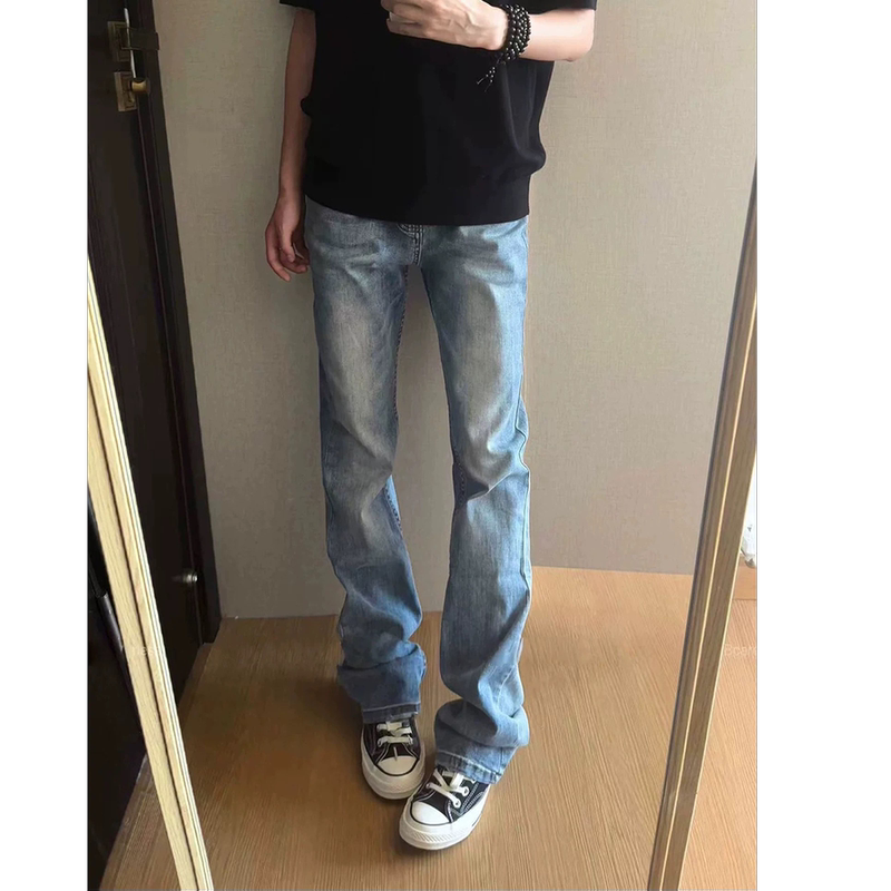 【Gktz】Light Blue Curved Hem Jeans for Men, American Style High-Waisted Slim-Fit Pants, Slimming and High-End Straight-Leg Pants 【Gktz】Light Blue Curved Hem Jeans for Men, American Style High-Waisted Slim-Fit Pants, Slimming and High-End Straight-Leg Pants