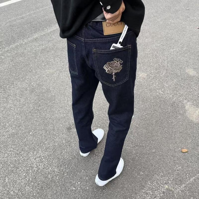 Spring New Trendy Brand Rose Embroidery Flared High-End Men's Jeans Versatile Casual Slim Fit Stretch Pants