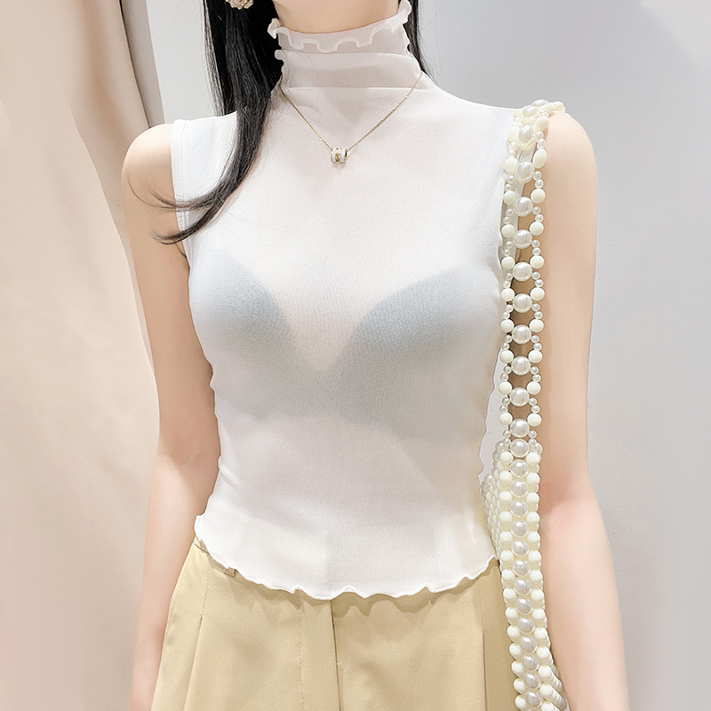 Sleeveless High-Neck Mesh Base Shirt for Women with Ruffled Edges, Tight-Fitting Sheer Fake Collar Inner Vest Top for Autumn and Winter 2025 Sleeveless High-Neck Mesh Base Shirt for Women with Ruffled Edges, Tight-Fitting Sheer Fake Collar Inner Vest Top for Autumn and Winter 2025