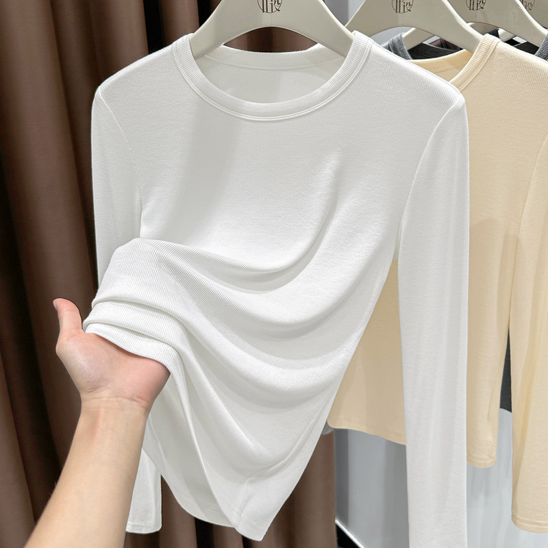 White Round-Neck Ribbed Long-Sleeve Base Shirt for Women, Autumn Slim Fit, Stretchy, Slimming, Versatile Basic Style Inner T-Shirt Top White Round-Neck Ribbed Long-Sleeve Base Shirt for Women, Autumn Slim Fit, Stretchy, Slimming, Versatile Basic Style Inner T-Shirt Top
