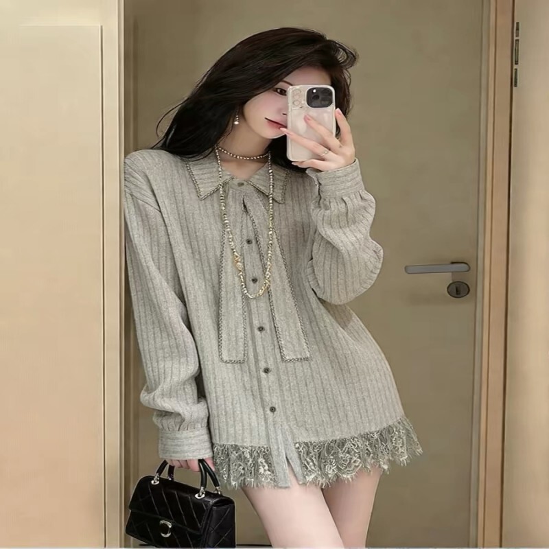 Awesome Product! Super Cool! Gray Lace Patchwork Long-Sleeve Shirt for Women, Spring and Autumn, Lazy and Loose, Versatile Knit Top
