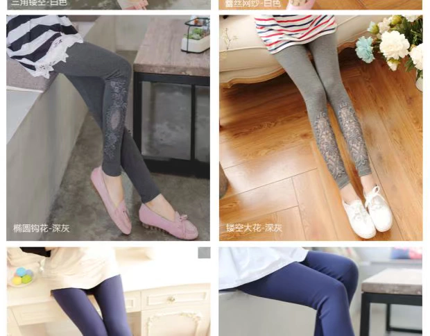 Mùa xuân và mùa thu quần legging mỏng mặc quần cotton nữ kích thước lớn ren chín quần cao eo đen bó chân quần