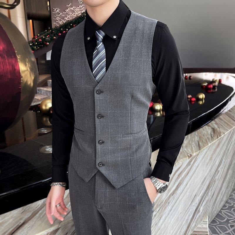 Men's Suit Vest Spring and Autumn Vest Groomsmen Outfit Groom Wedding Plaid Slim Casual Suit Vest