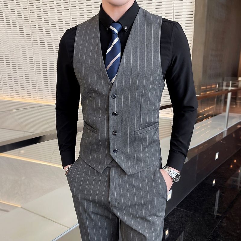 Men's Slim-Fit Business Suit Vest, Formal Striped Suit Vest for Job Interviews, Groom's Wedding Attire