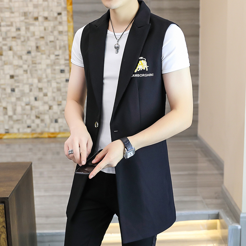 Hong Kong Style Lapel Suit Vest for Men, New Summer Mid-Length Jacket, Trendy Spring and Autumn Sleeveless Vest ins
