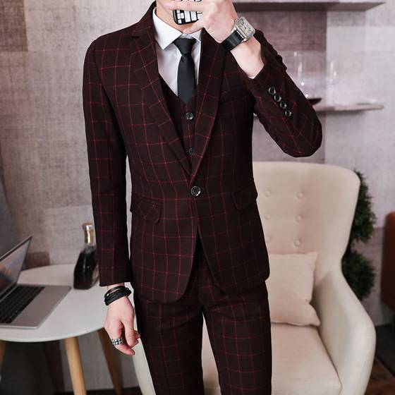 Men's three-piece suit youth plaid small suit suit spring and autumn handsome groom wedding dress business formal wear