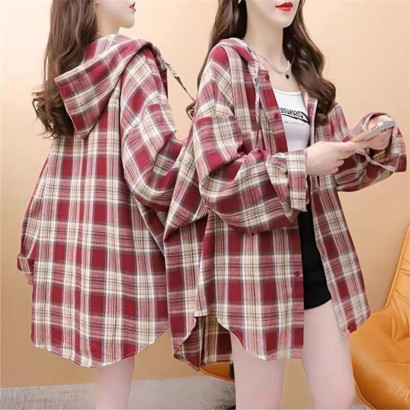 Wholesale Spring and Autumn New Style Hooded Plaid Shirt Harajuku Style Loose Classic Sun Protection Clothing Casual Long-Sleeved Jacket for Women