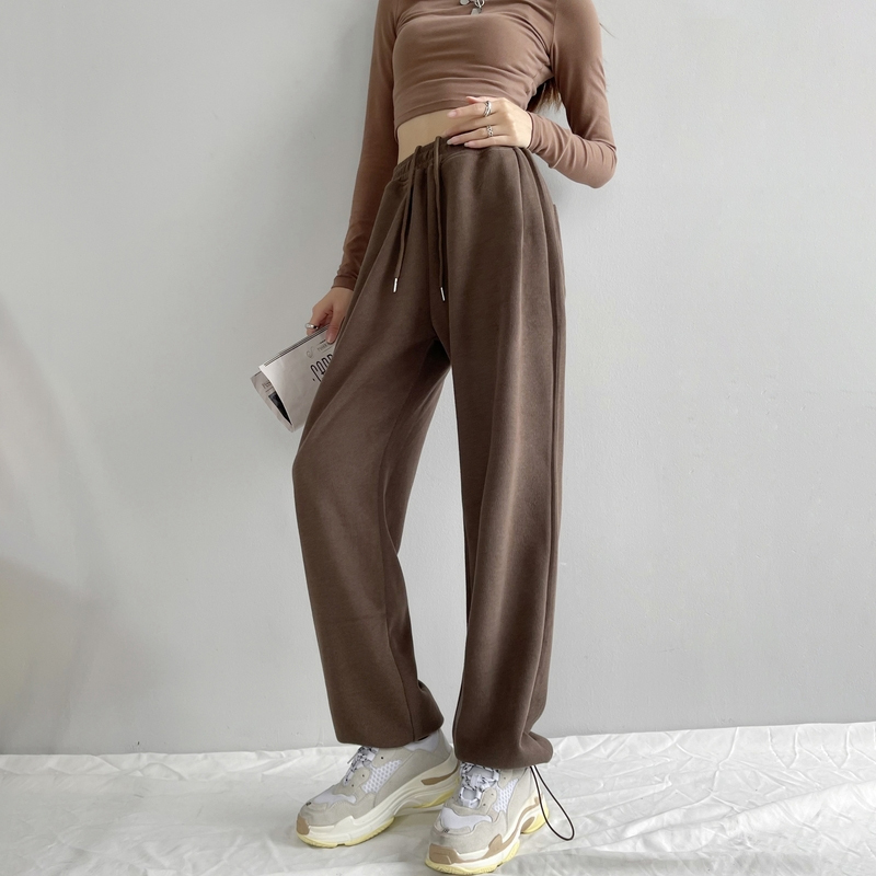 American Retro Brown Sweatpants for Women, Spring and Autumn Style, High Street Straight-Leg Wide-Leg Cuffed Casual Knit Sports Pants, Trendy ins