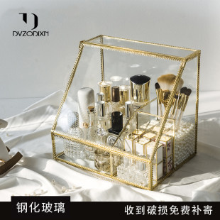 Net red light luxury cosmetics storage box glass dressing table red brush bucket skincare anti -dust household desktop shelf