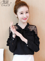 Womens style spring autumn beating undershirt 2022 new fashion printed hollowed-out lace sweaty overfairy long sleeve snow-spinning shirt