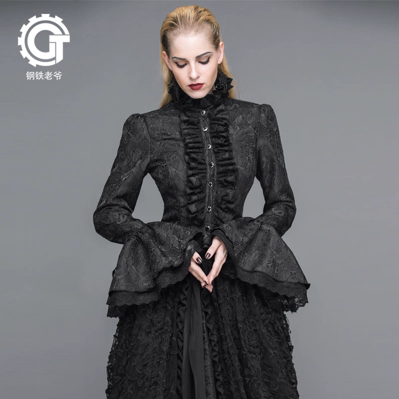 Phong cách Gothic của phụ nữ Châu Âu và Châu Mỹ cung điện tay áo lá sen cổ đứng cổ áo mỏng vừa vặn buộc áo sơ mi mùa xuân và mùa thu áo sơ mi mới trình diễn hàng đầu - Áo sơ mi