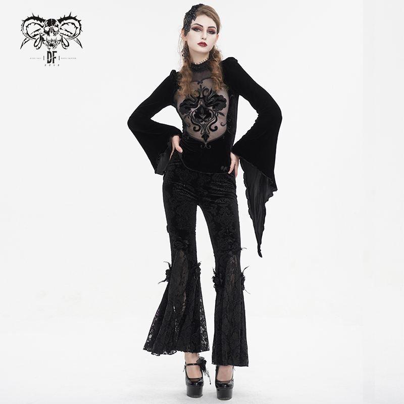 Steampunk Halloween Women's Clothing with Side Sheer Velvet Flared Pants
