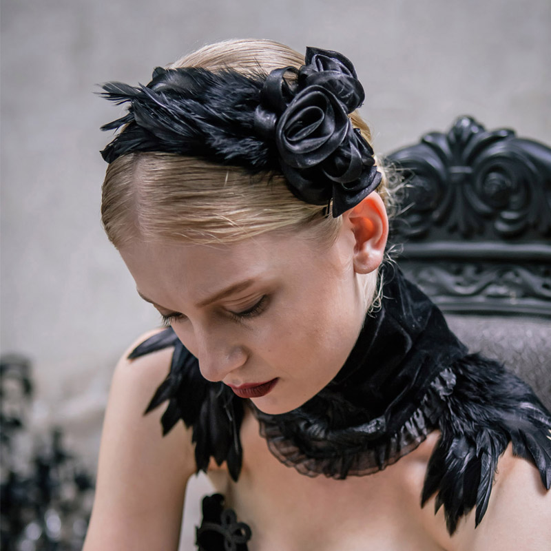 Women's Steam Retro Gothic Court Lolita Feather Hair Comb, Black Rose Headpiece