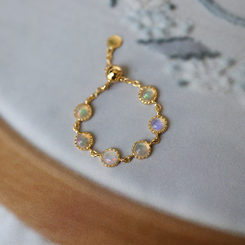 Natural Opal Pearl Magnesite Garnet Pull Chain Ring Adjustable 925 Silver Gold-Plated Light Luxury Niche