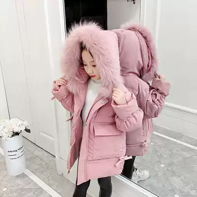 Korean girls down cotton clothing jacket Winter children's velvet Foreign school children's Korean version of Parker clothing hooded quilted jacket