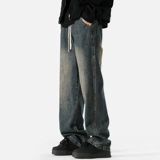 Демисезонные ретро джинсы, повседневные брюки, в американском стиле, эластичная талия, на шнурках