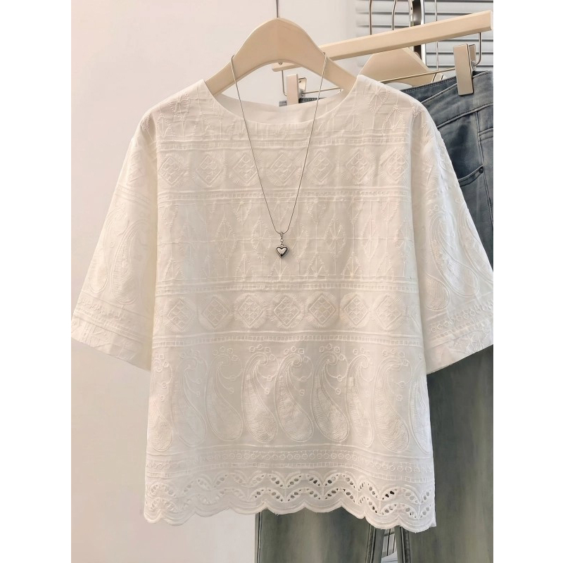 French Lace Hollow-Out Pure Cotton Regular Shoulder Short-Sleeve T-Shirt for Women, with a Unique Design, Trendy, Age-Reducing, Loose and Slimming Top