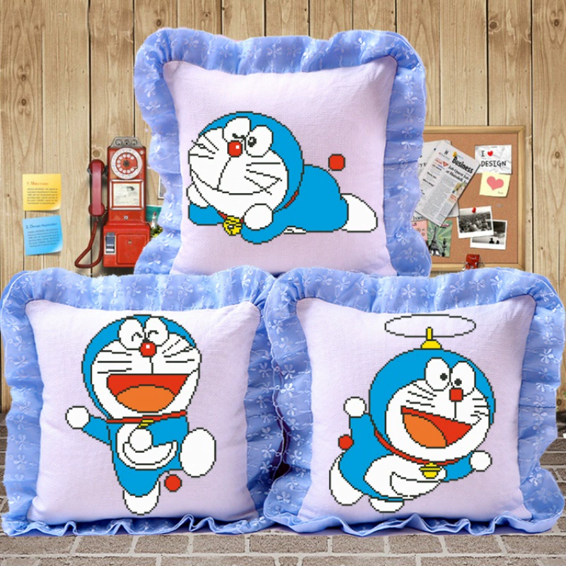 Gối thêu chữ thập in mới hoạt hình học sinh hoạt hình gối trẻ em Doraemon ren Doraemon đệm - Trở lại đệm / Bolsters