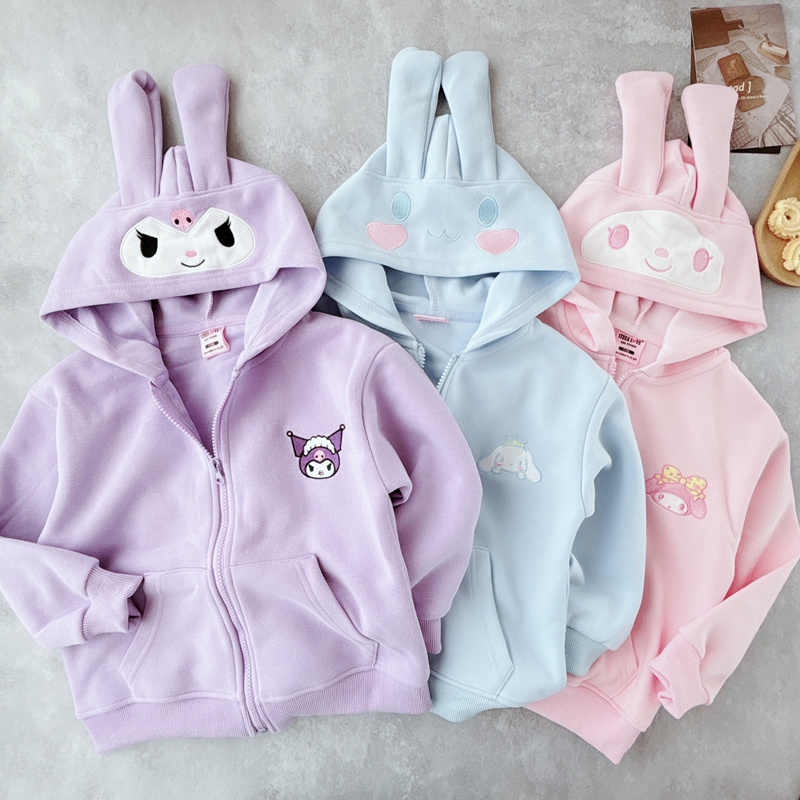 日本の秋スタイルの女の子用ジャケット、長袖ジッパー付きセーター、フード付きカーディガン、耳付きスタイル、クロミベビーガールセーター