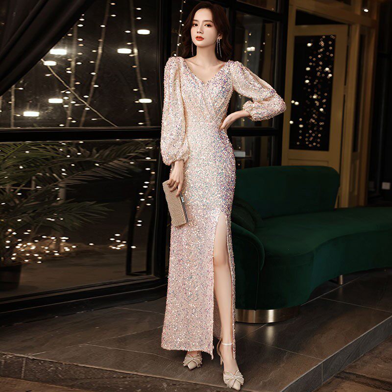 Party evening dress skirt 2022 new high-end queen aura V-neck fishtail sequined celebrity host dress long sleeves