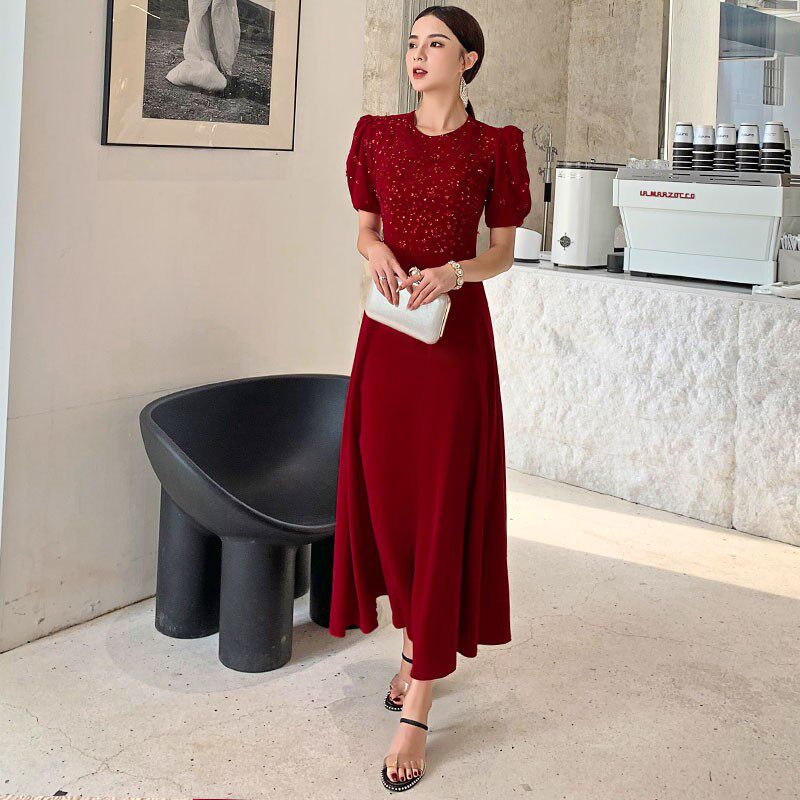 Bridal wedding toast clothing 2022 new summer wine red high-quality texture self-cultivation host evening dress