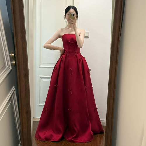 Топ без лямок, бордовое вечернее платье, свадебное платье, французский стиль, изысканный стиль