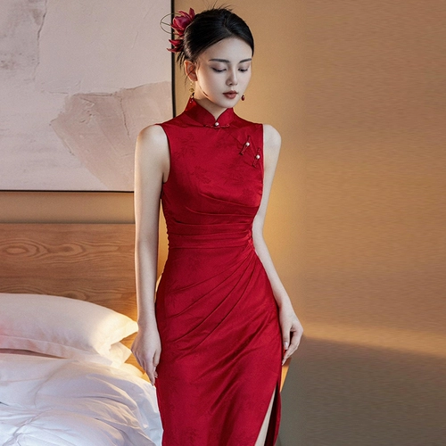 Элитное ципао для невесты без рукавов, красное вечернее платье, свадебное платье, китайский стиль