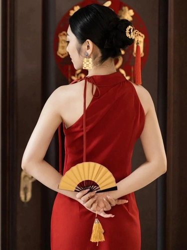 Бордовое вечернее платье, летнее ретро свадебное платье, ципао, изысканный стиль