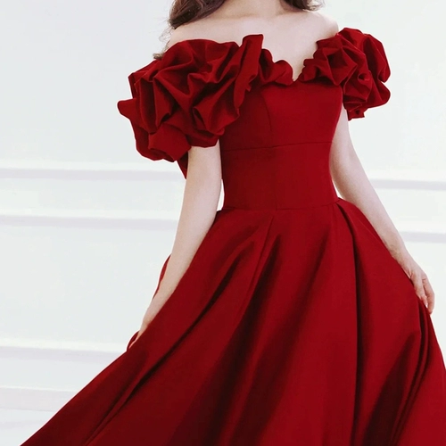 Бордовое вечернее платье для невесты, открытые плечи, V-образный вырез