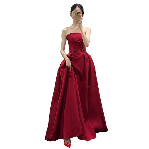 Топ без лямок, бордовое вечернее платье, свадебное платье, французский стиль, изысканный стиль