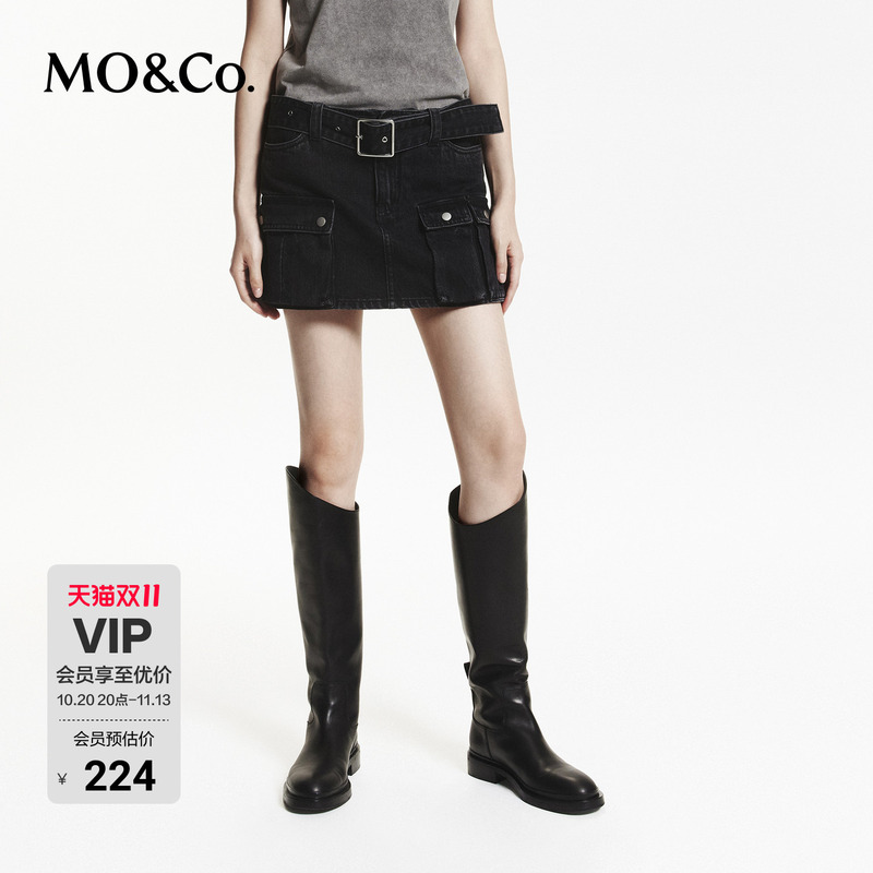 【Moco Outlet】Denim Skirt Pants, Cool and Spicy Low-Waisted Cargo Pocket A-Line Shorts, Rock Washed with Belt